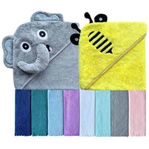 Sunny zzzZZ Baby Hooded Bath Towel and Washcloth Sets, Baby Essentials for Newborn Boy Girl, Baby Shower Towel Gifts for Infant and Toddler - 2 Towel and 8 Washcloths - Yellow Bee and Grey Elephant
